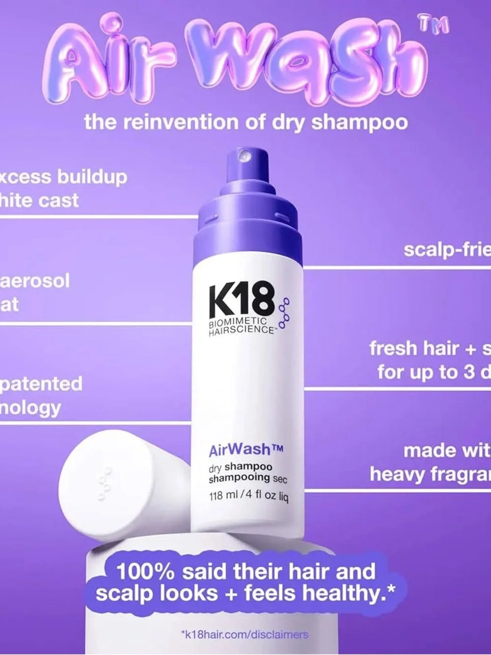 K18 biomimetic hairscience AirWash Dry Shampoo - White 118ml 4 oz